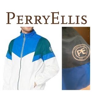 Perry Ellis White Blue Teal Colorblock Windbreaker